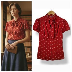 eShakti Swanning Around Tie Neck Button Down Heirloom Blouse in Red Size Small